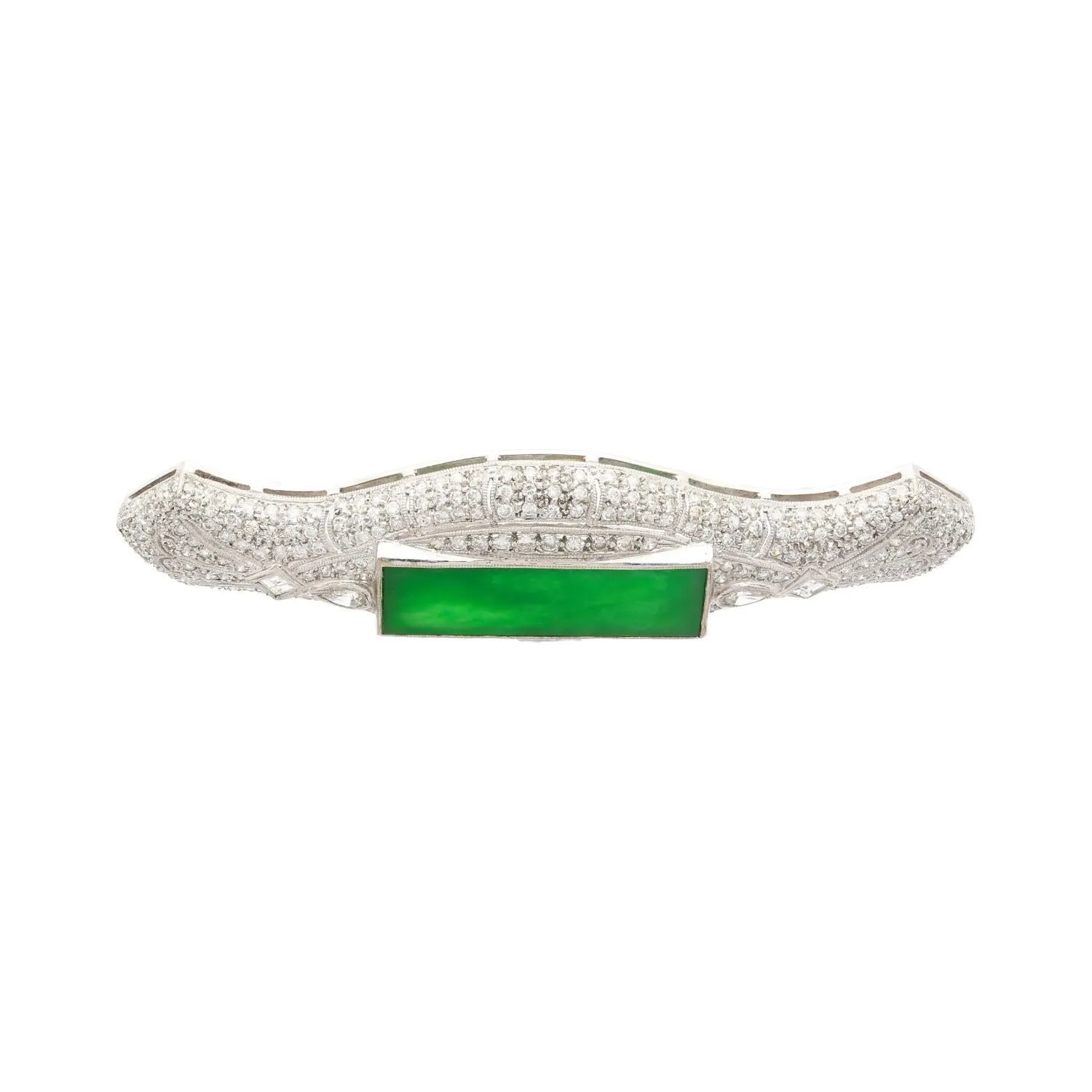 Art Deco Jadeite and Diamond Brooch Pin 18K White Gold