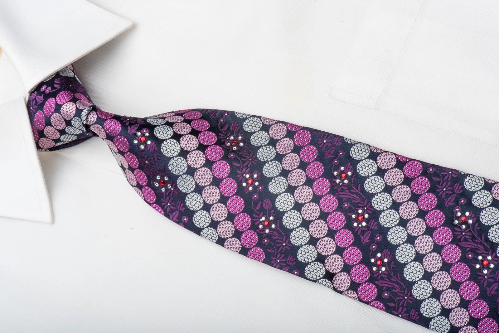Avolio Men's Rhinestone Tie Geometric Dots On Purple With Silver Sparkles
