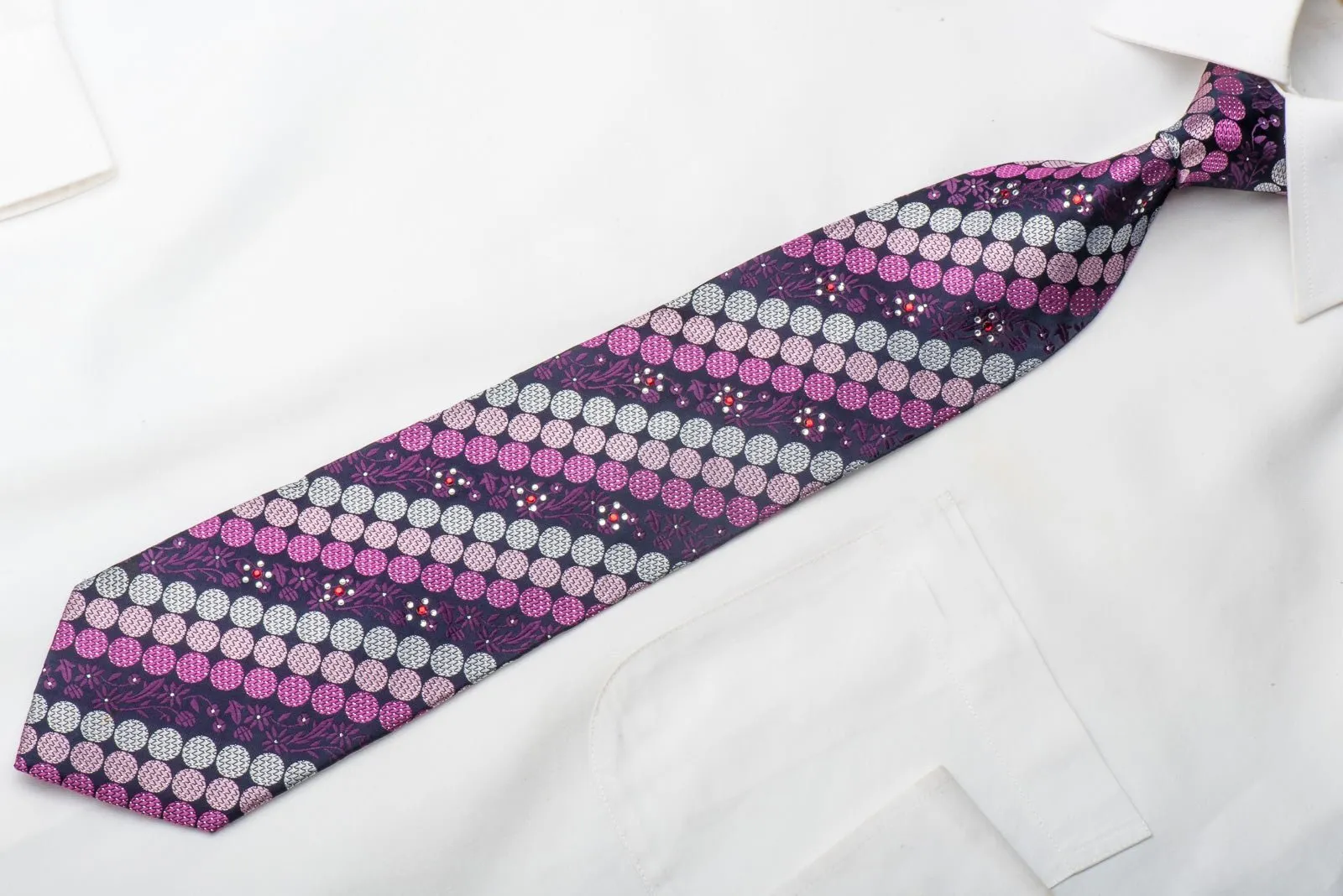 Avolio Men's Rhinestone Tie Geometric Dots On Purple With Silver Sparkles