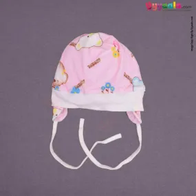 Banana Baby Fancy Round Cap Tying Model for Babies with Puppy Print,0-12m Age- Light Pink