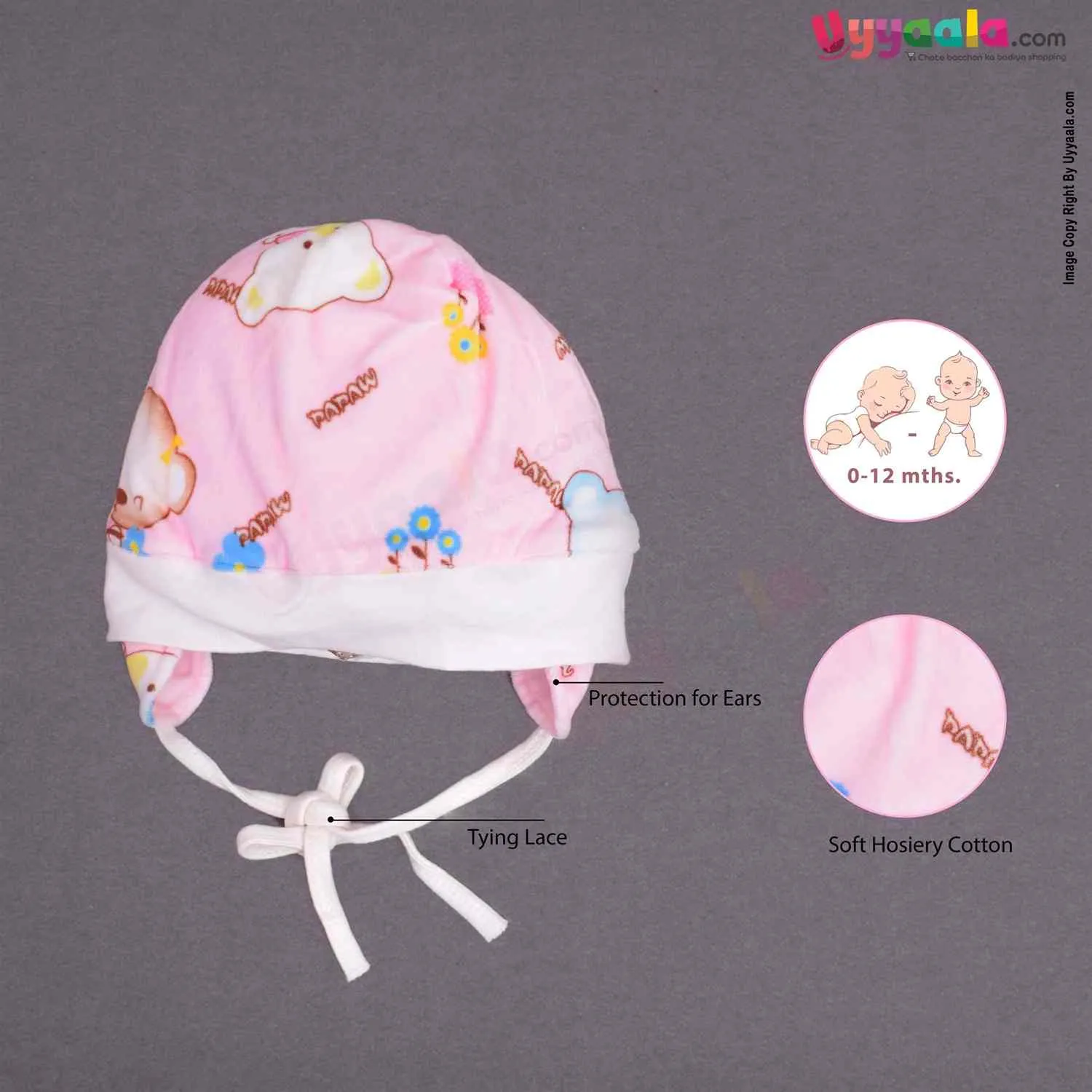 Banana Baby Fancy Round Cap Tying Model for Babies with Puppy Print,0-12m Age- Light Pink