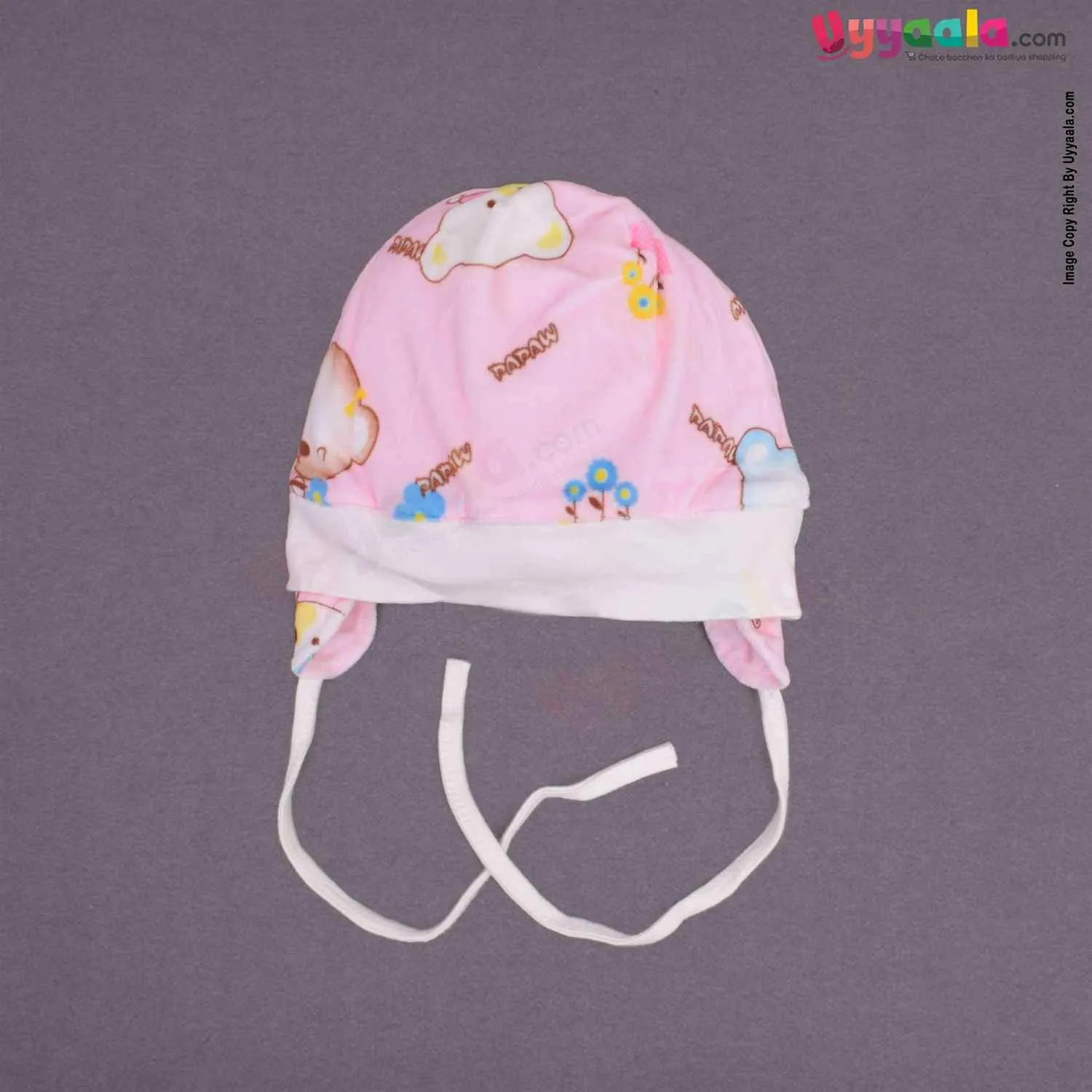 Banana Baby Fancy Round Cap Tying Model for Babies with Puppy Print,0-12m Age- Light Pink