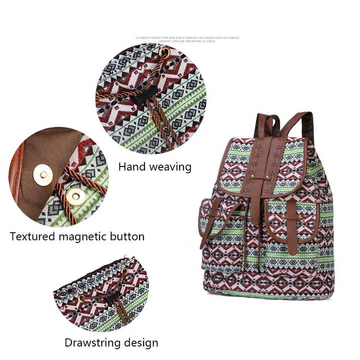 Bohemian Style Canvas Backpack - Vintage Tribal Pattern Travel Bag with Leather Straps