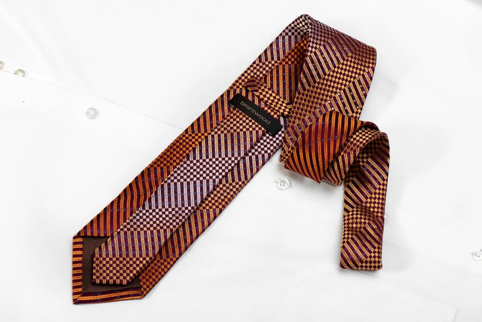 Brentwood Men's Crystal Silk Necktie Orange Striped Checker On Purple With Blue Sparkles