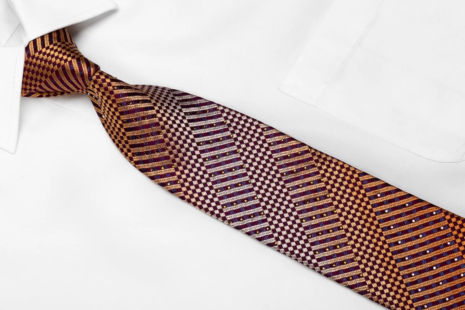 Brentwood Men's Crystal Silk Necktie Orange Striped Checker On Purple With Blue Sparkles