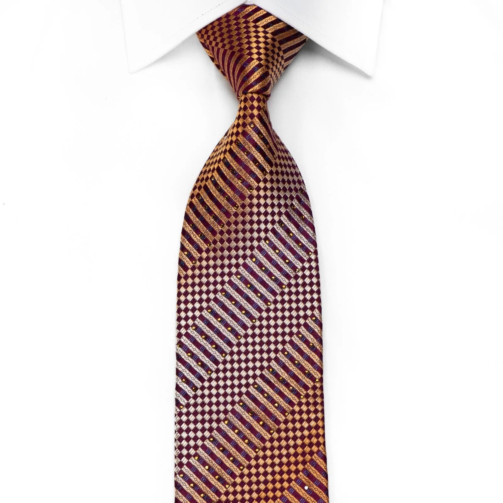 Brentwood Men's Crystal Silk Necktie Orange Striped Checker On Purple With Blue Sparkles
