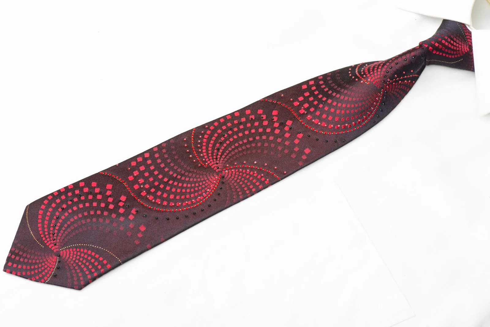 Burgundy Geometric On Dark Burgundy Rhinestone Silk Tie With Silver Sparkles