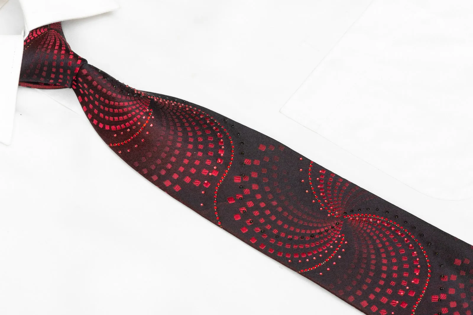 Burgundy Geometric On Dark Burgundy Rhinestone Silk Tie With Silver Sparkles