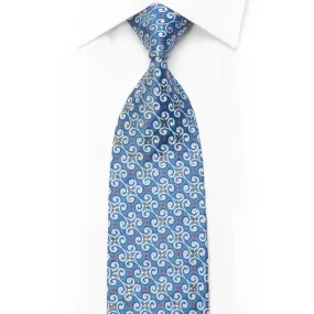 Cabrini Silk Necktie Silver Scrolls On Blue With Rhinestones