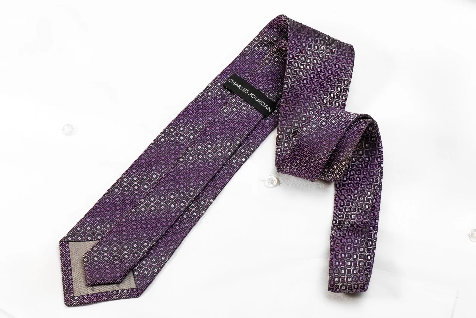 Charles Jourdan Men's Crystal Silk Necktie Purple Interlocking Circles On Navy With Sparkles