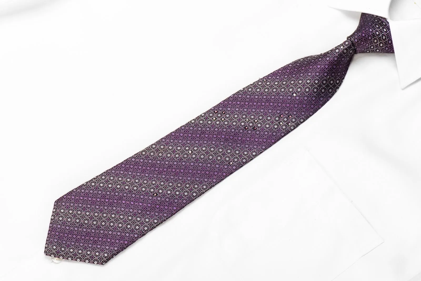 Charles Jourdan Men's Crystal Silk Necktie Purple Interlocking Circles On Navy With Sparkles