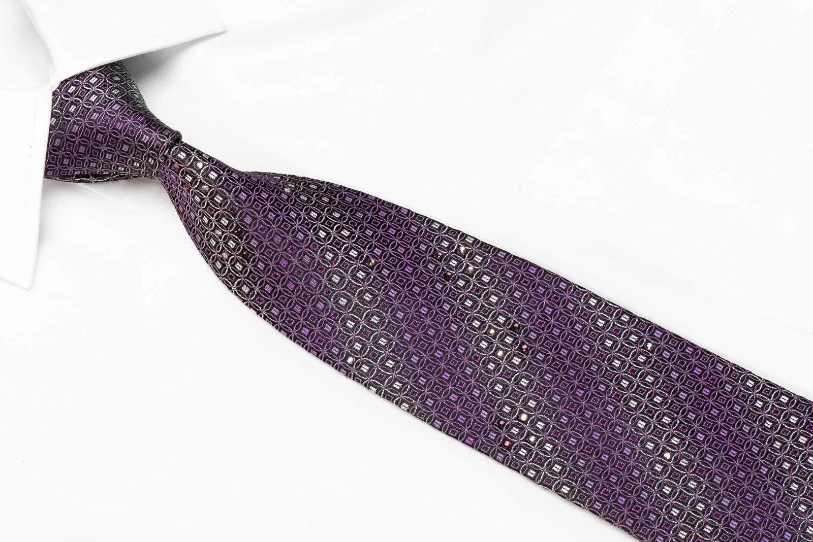 Charles Jourdan Men's Crystal Silk Necktie Purple Interlocking Circles On Navy With Sparkles