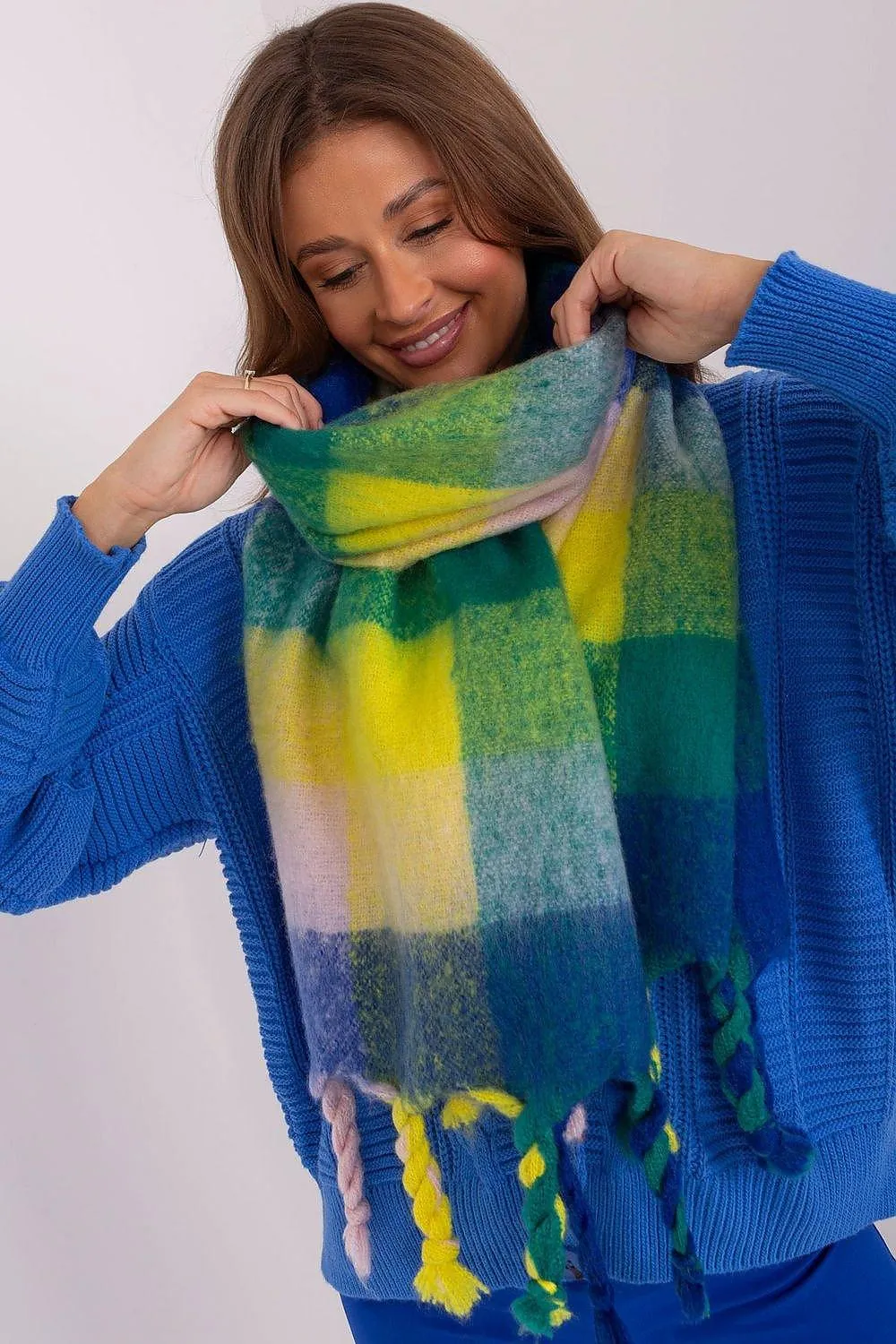 Cozy Colorful Plaid Shawl with Elegant Tassels