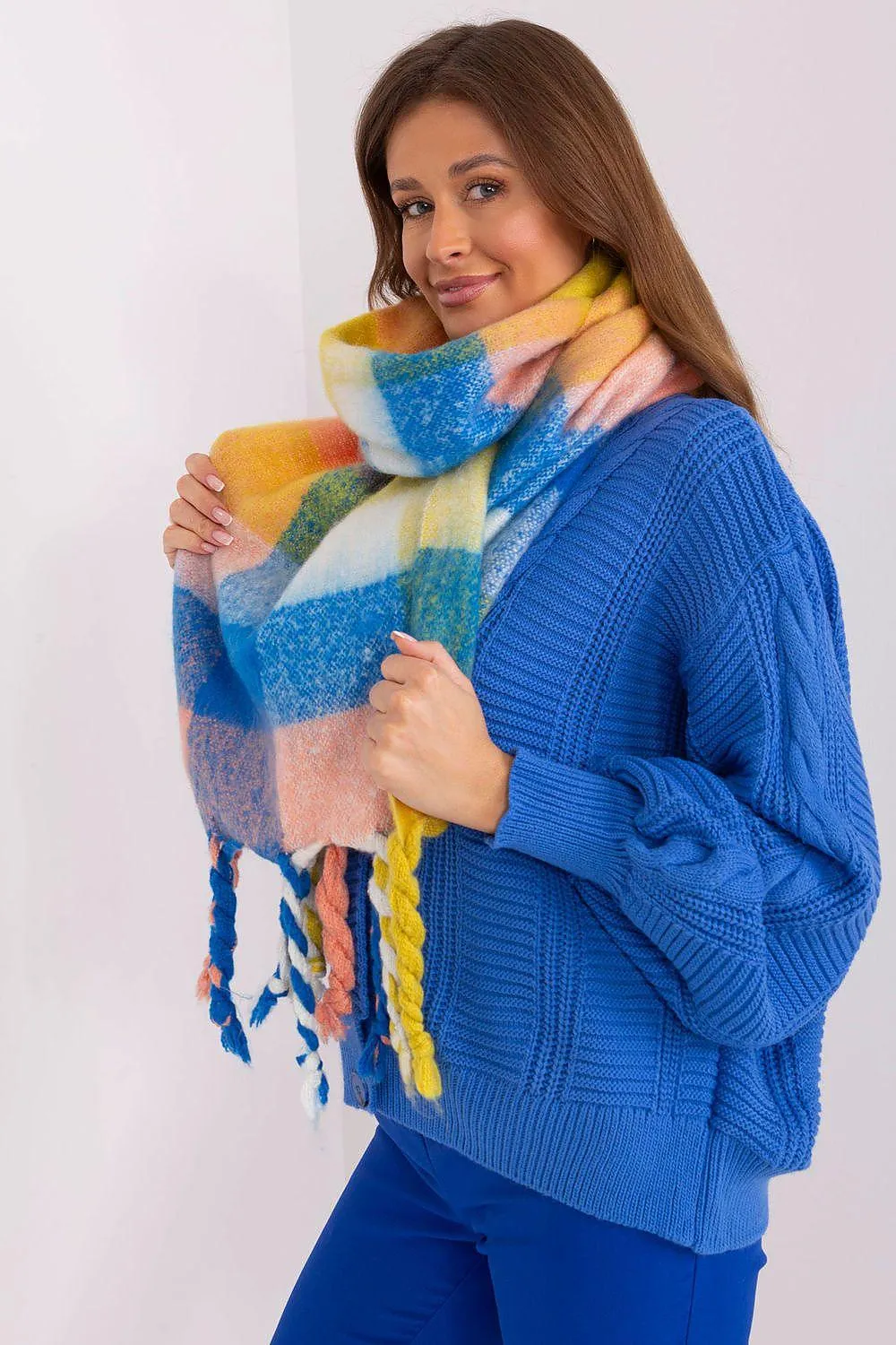 Cozy Colorful Plaid Shawl with Elegant Tassels
