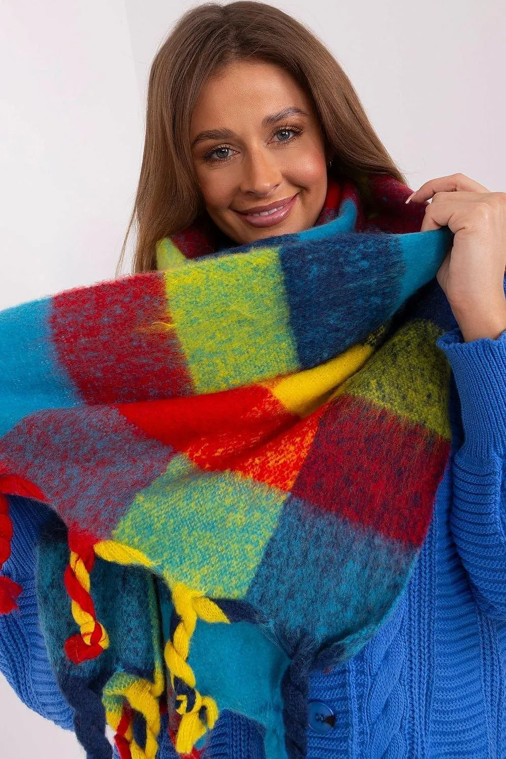 Cozy Colorful Plaid Shawl with Elegant Tassels