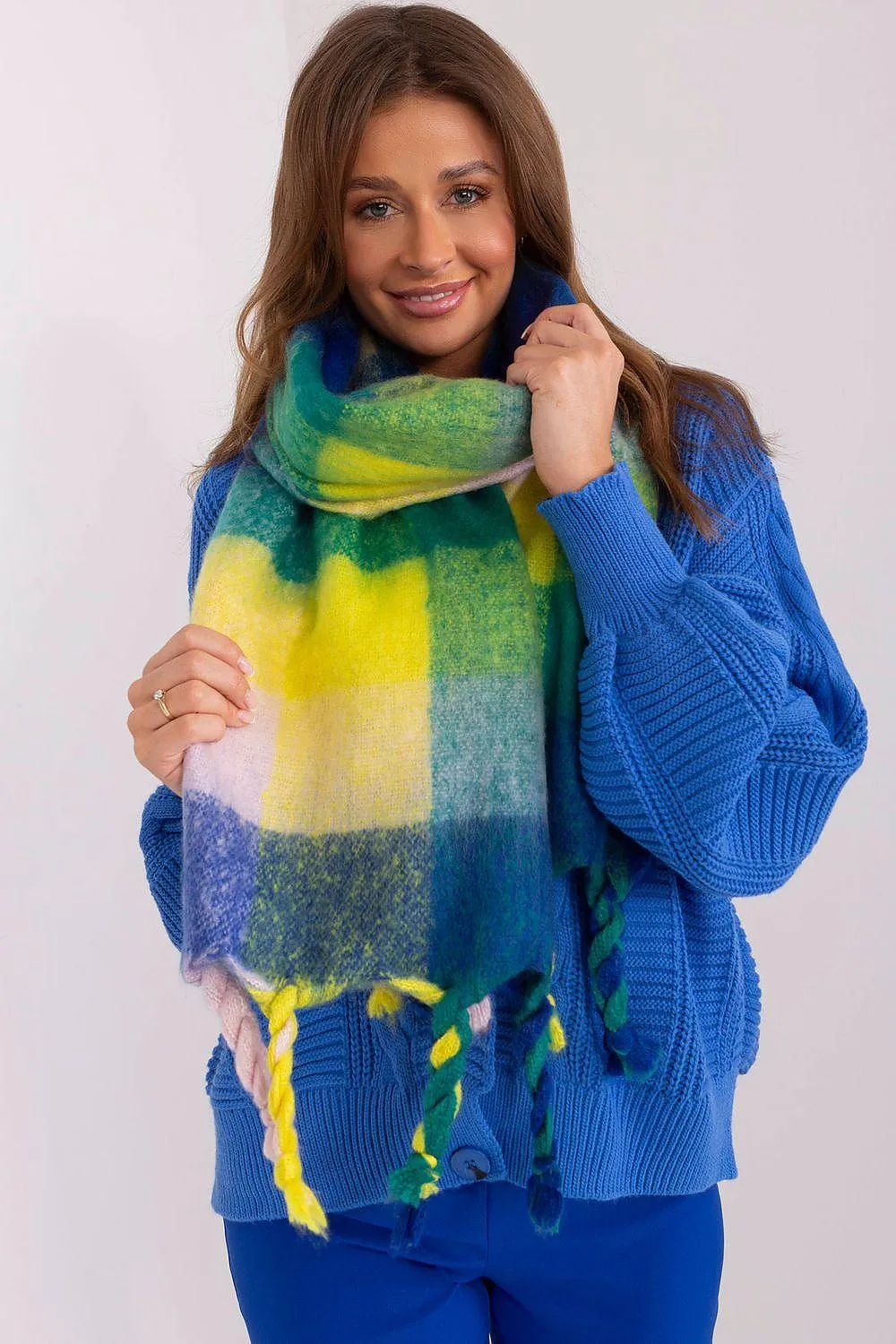 Cozy Colorful Plaid Shawl with Elegant Tassels