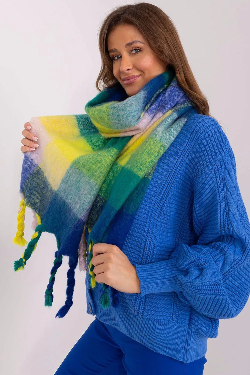 Cozy Colorful Plaid Shawl with Elegant Tassels