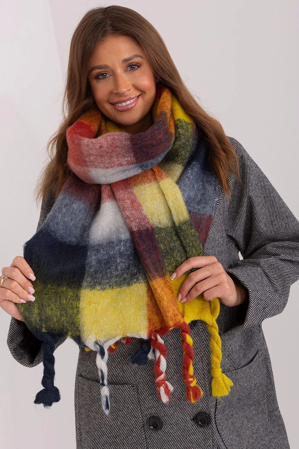 Cozy Colorful Plaid Shawl with Elegant Tassels
