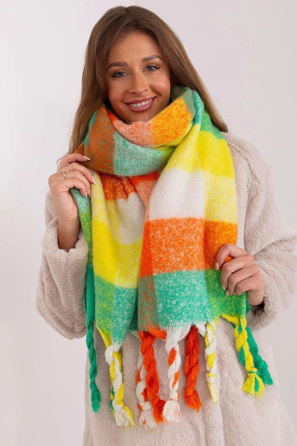 Cozy Colorful Plaid Shawl with Elegant Tassels