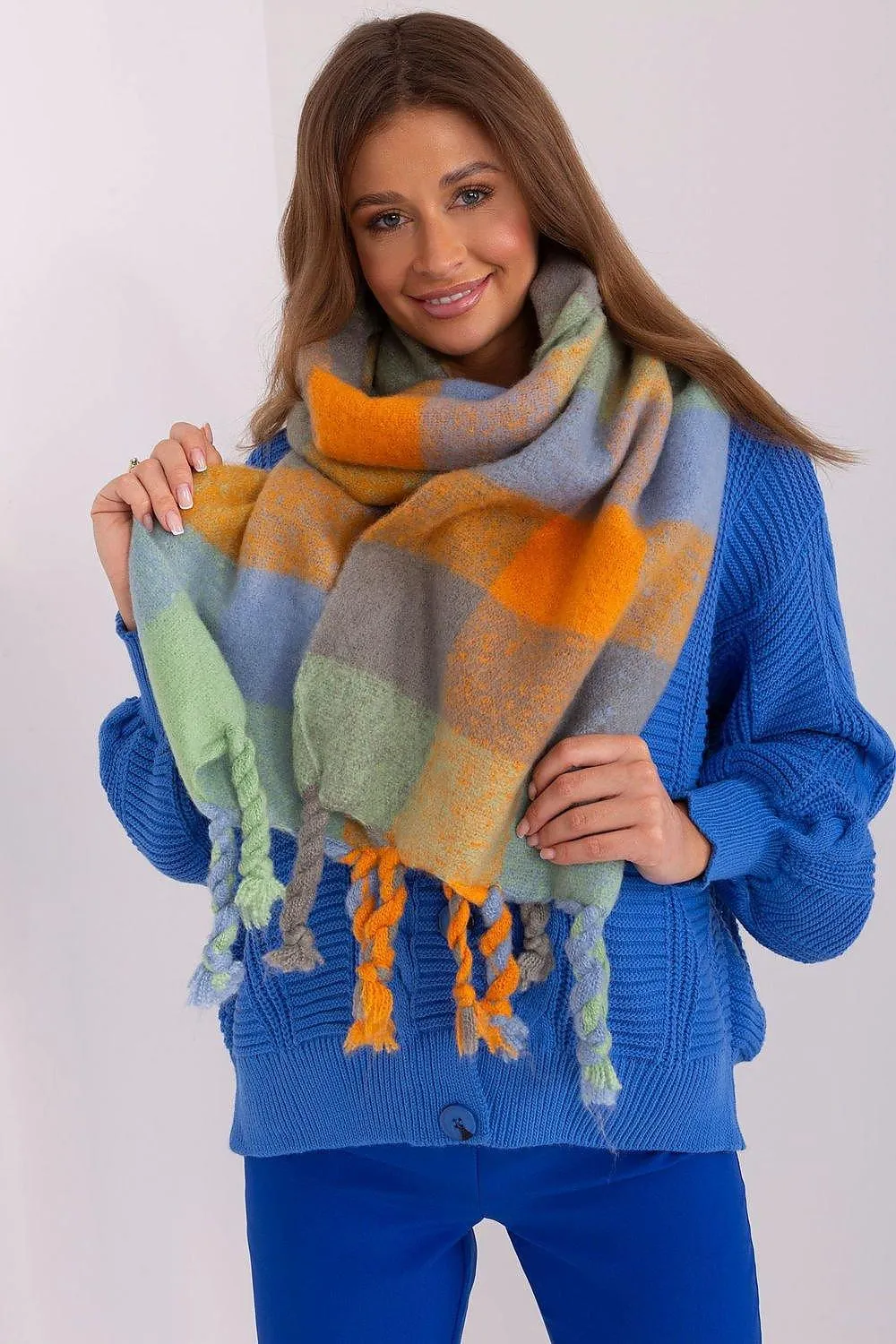 Cozy Colorful Plaid Shawl with Elegant Tassels
