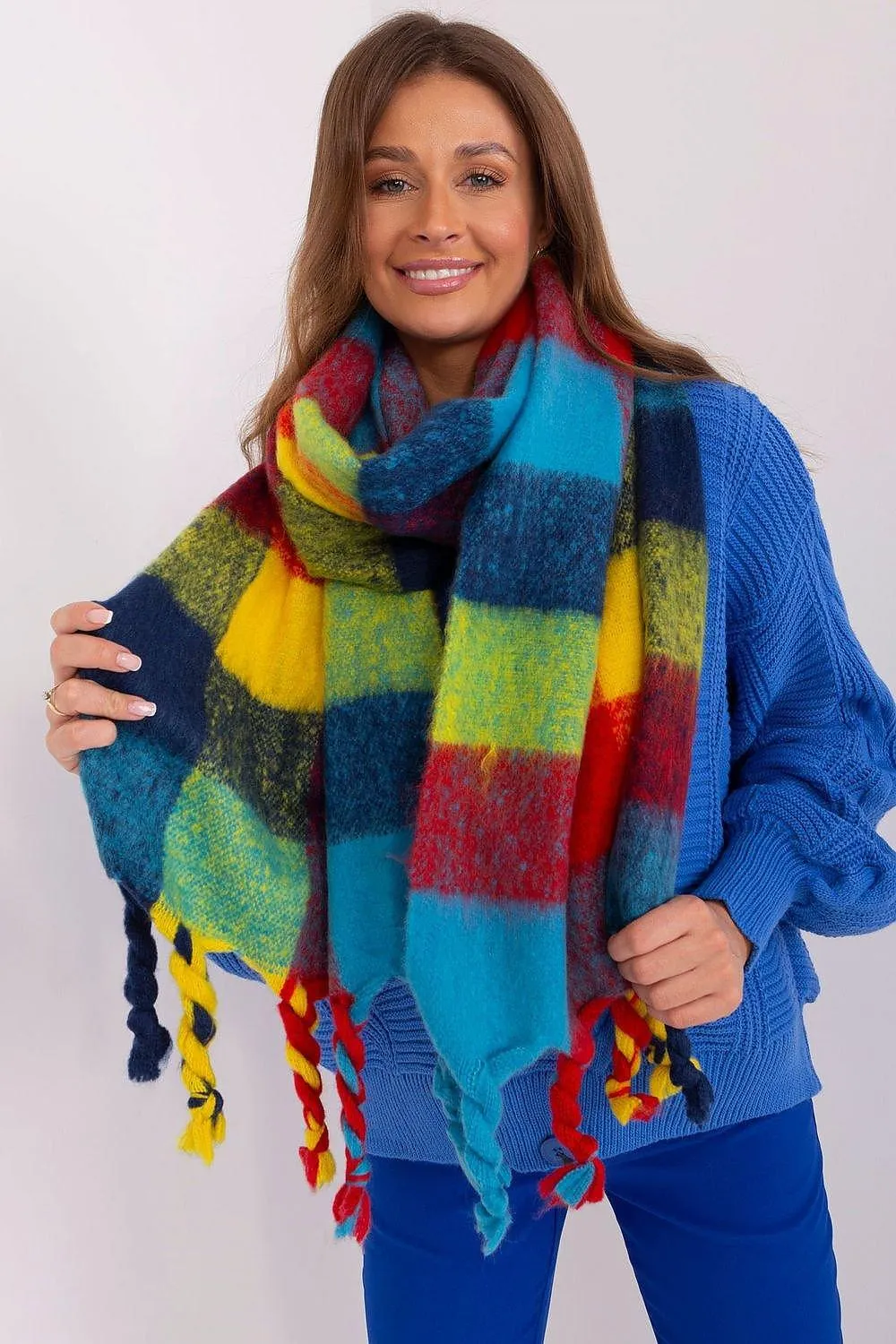 Cozy Colorful Plaid Shawl with Elegant Tassels