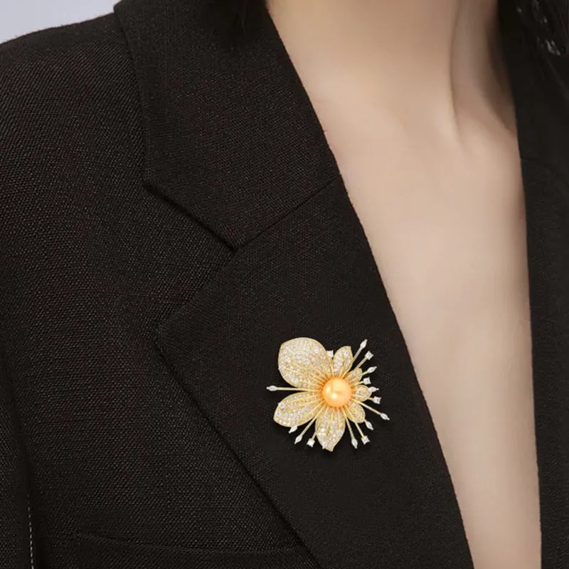 Cubic Zirconia Sweet Flower Brooch Women Luxury Pin Dress Decoration Gift