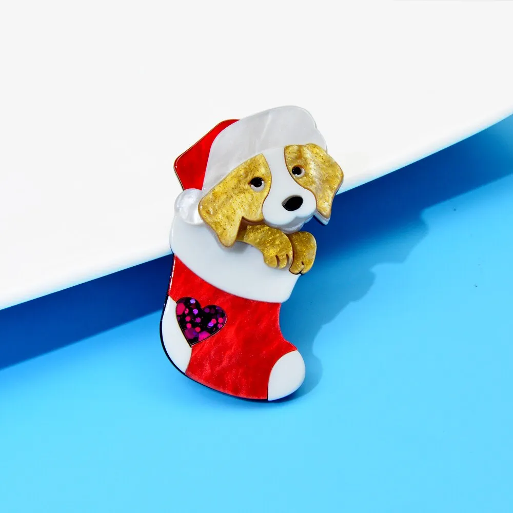 Cute Acrylic Christmas Decoration  Puppy Brooch Acetate Fiber Dog Pin Socks Design Jewelry