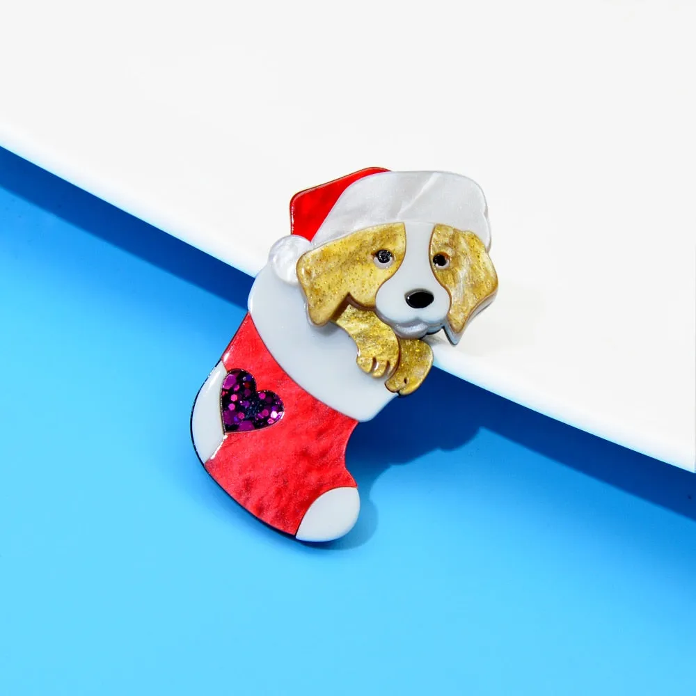 Cute Acrylic Christmas Decoration  Puppy Brooch Acetate Fiber Dog Pin Socks Design Jewelry