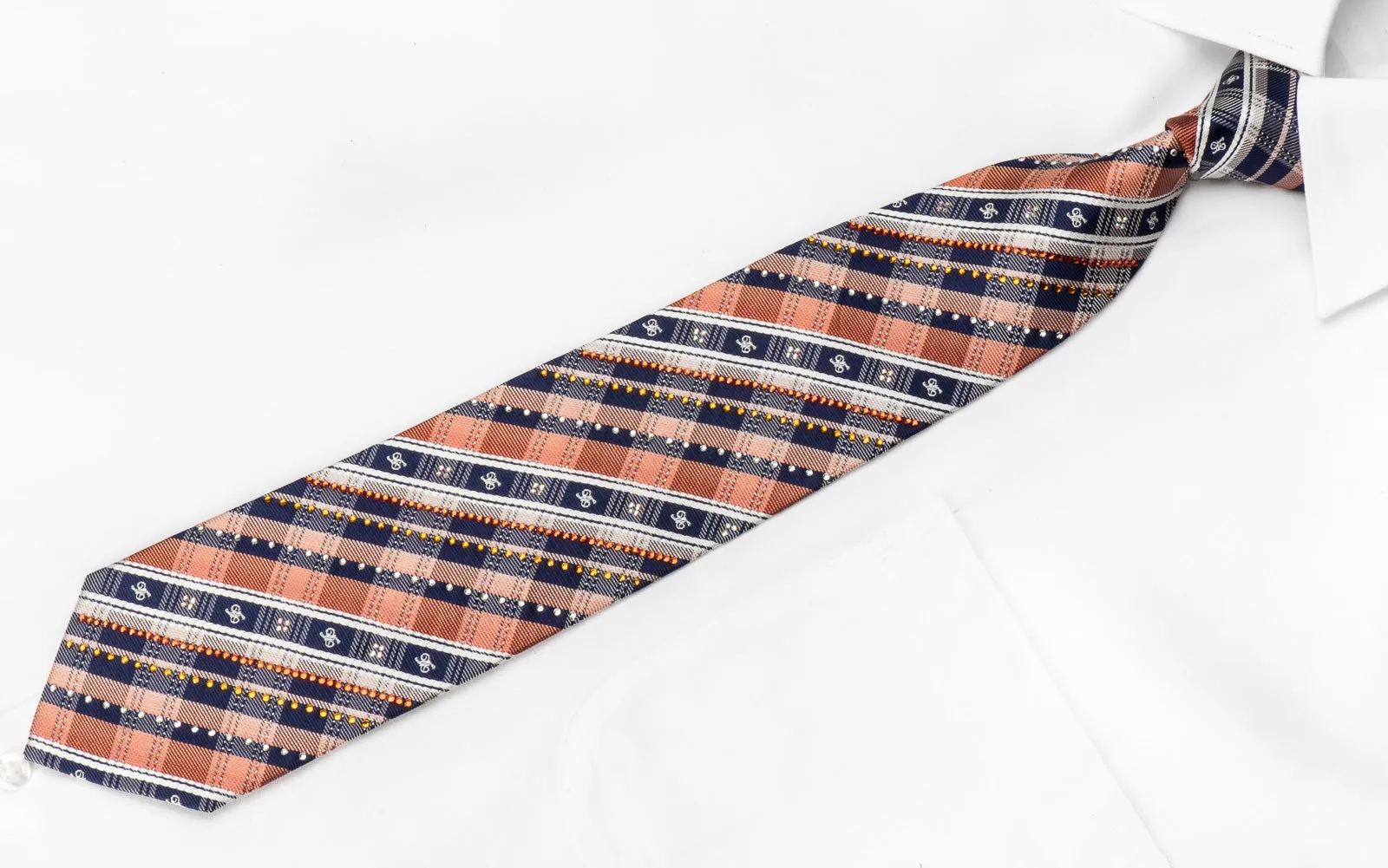 Daks Men's Crystal Silk Necktie Blue Orange Plaid With Silver Sparkles