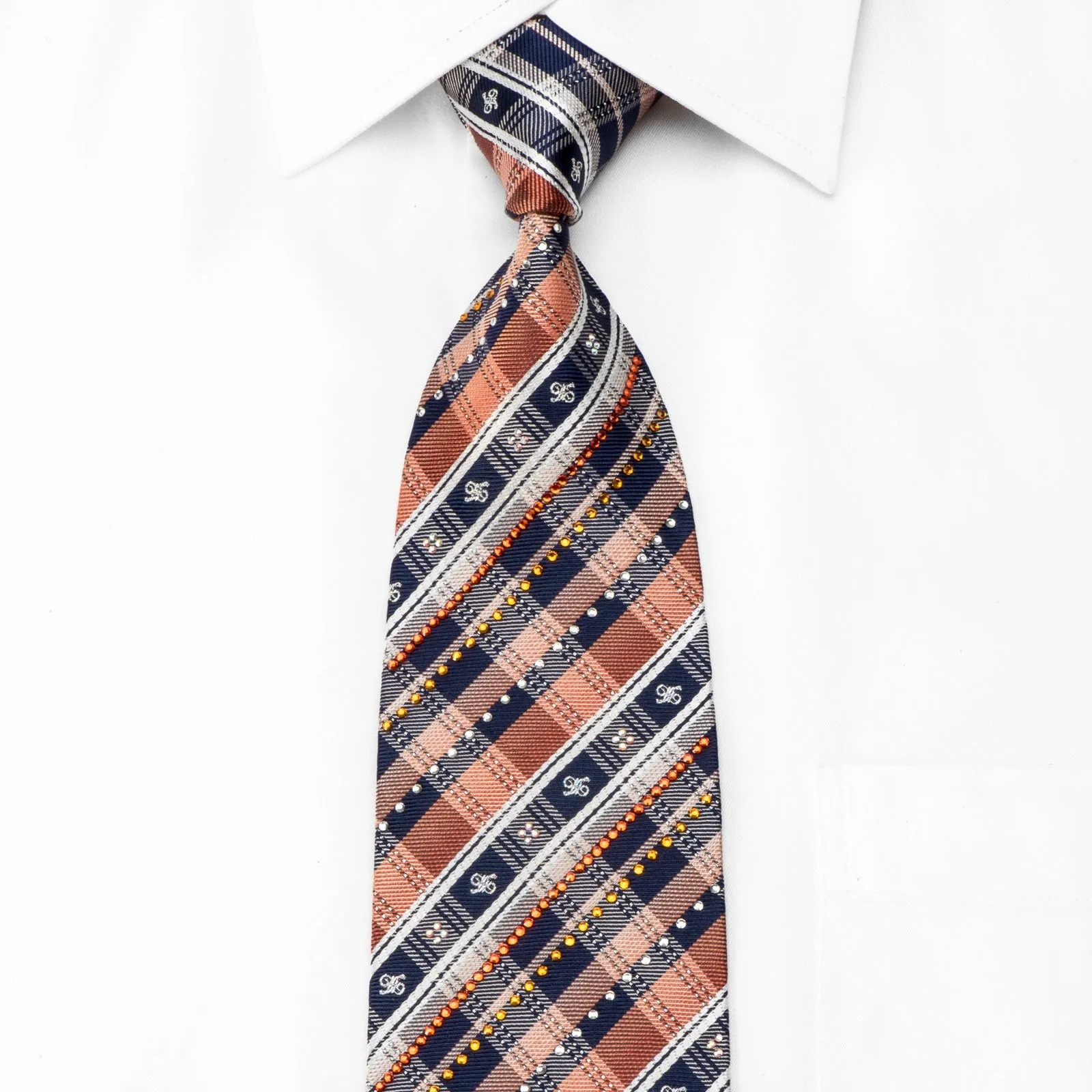 Daks Men's Crystal Silk Necktie Blue Orange Plaid With Silver Sparkles