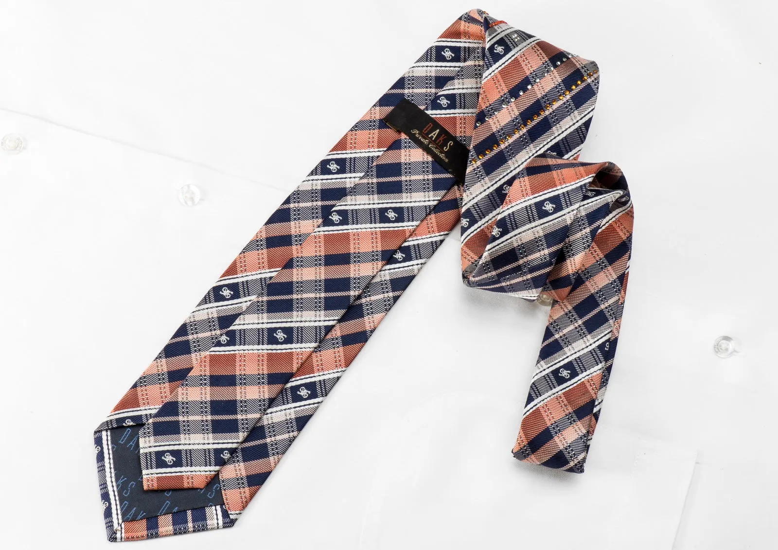 Daks Men's Crystal Silk Necktie Blue Orange Plaid With Silver Sparkles