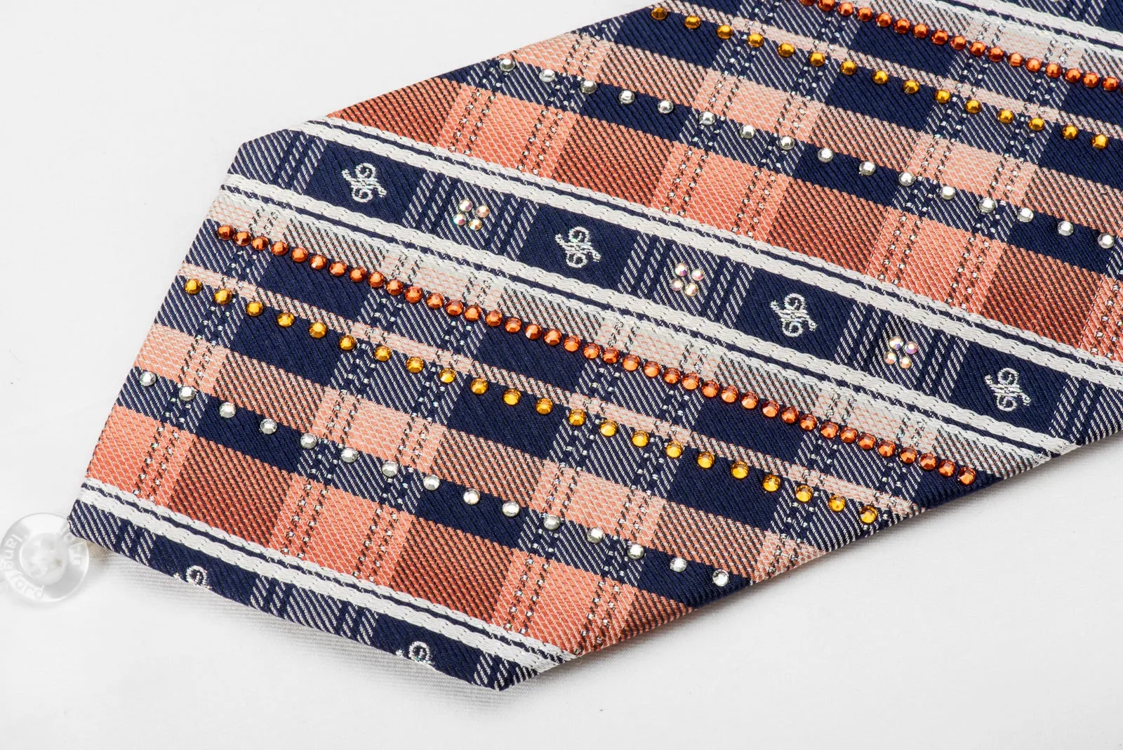 Daks Men's Crystal Silk Necktie Blue Orange Plaid With Silver Sparkles