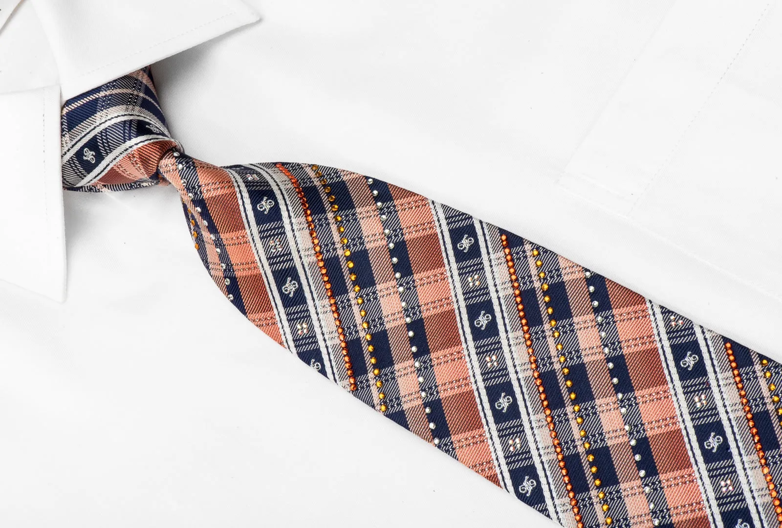 Daks Men's Crystal Silk Necktie Blue Orange Plaid With Silver Sparkles