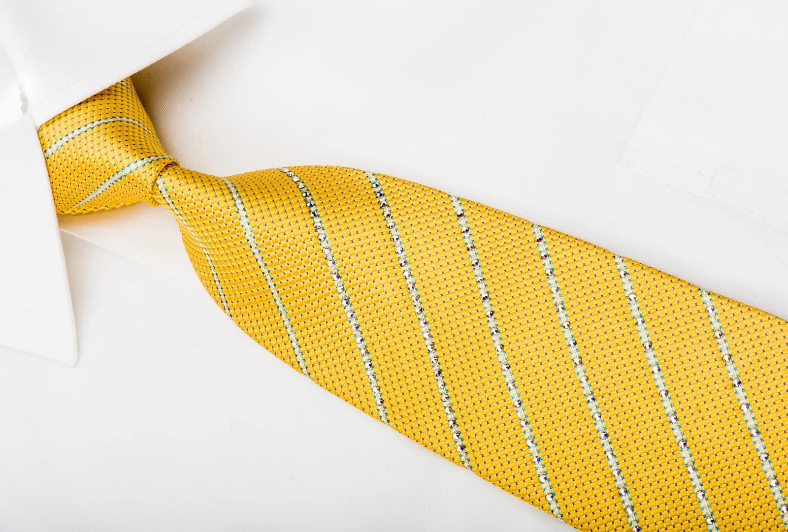 Daks Mens Rhinestone Necktie Stripes On Yellow Silk With Blue Sparkles