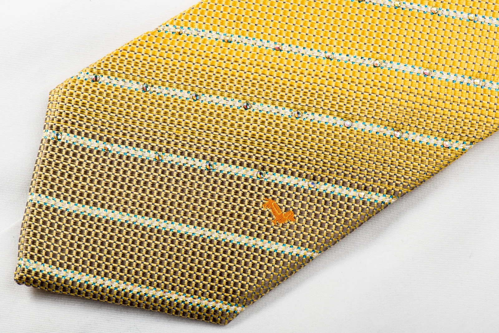 Daks Mens Rhinestone Necktie Stripes On Yellow Silk With Blue Sparkles
