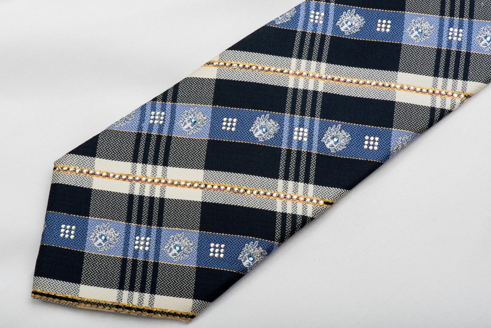 Daks Men's Rhinestone Silk Necktie Blue Ivory Plaids With Gold Sparkles