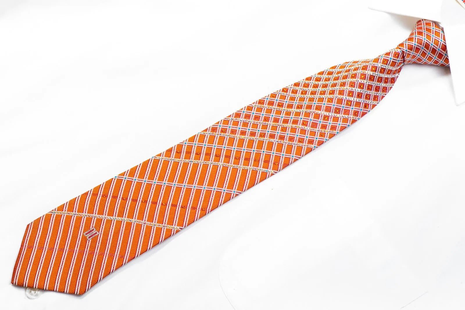 Daks Silk Rhinestone Necktie Silver Striped On Orange With Sparkles