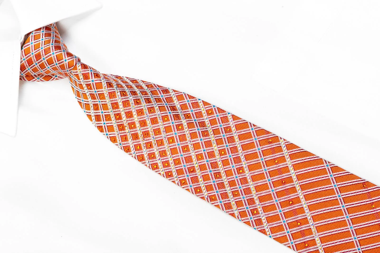 Daks Silk Rhinestone Necktie Silver Striped On Orange With Sparkles
