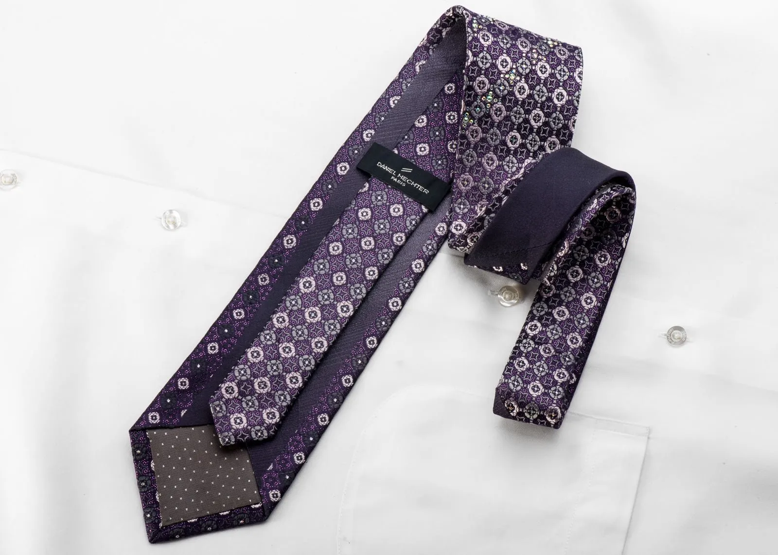 Daniel Hechter Crystal Necktie Medallions On Purple Silk With Purple Sparkles