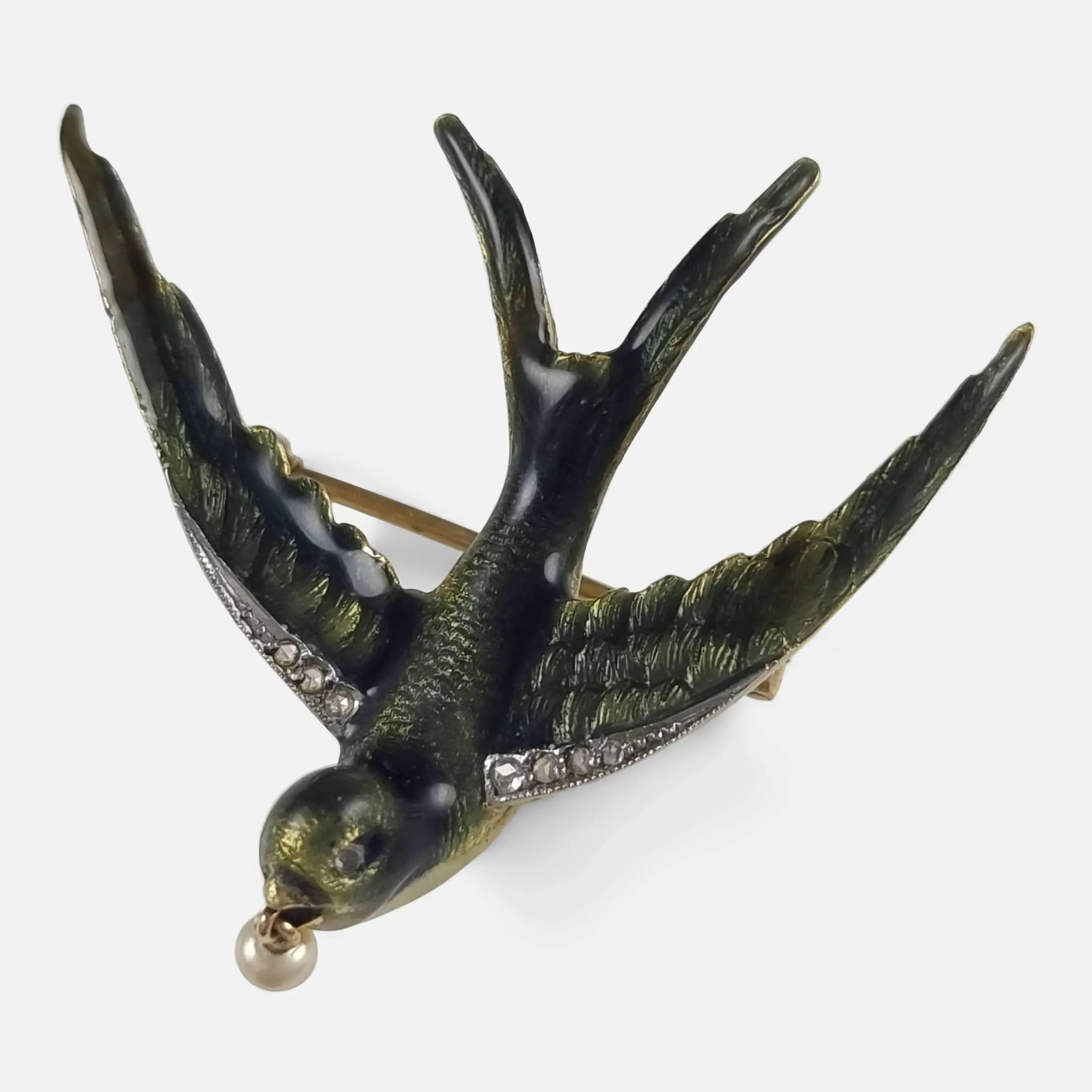 Early 20th Century Pearl and Diamond Swallow Brooch