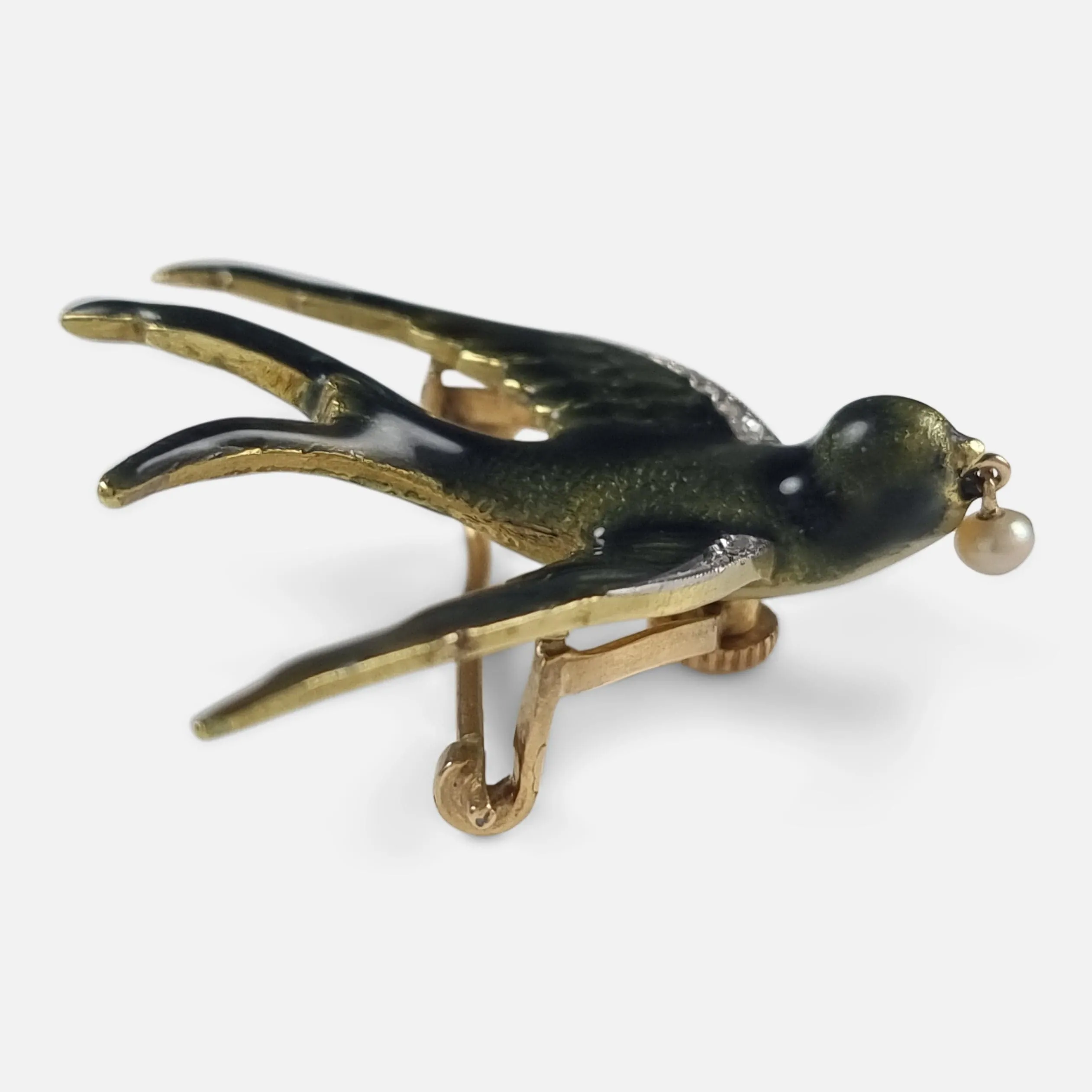 Early 20th Century Pearl and Diamond Swallow Brooch