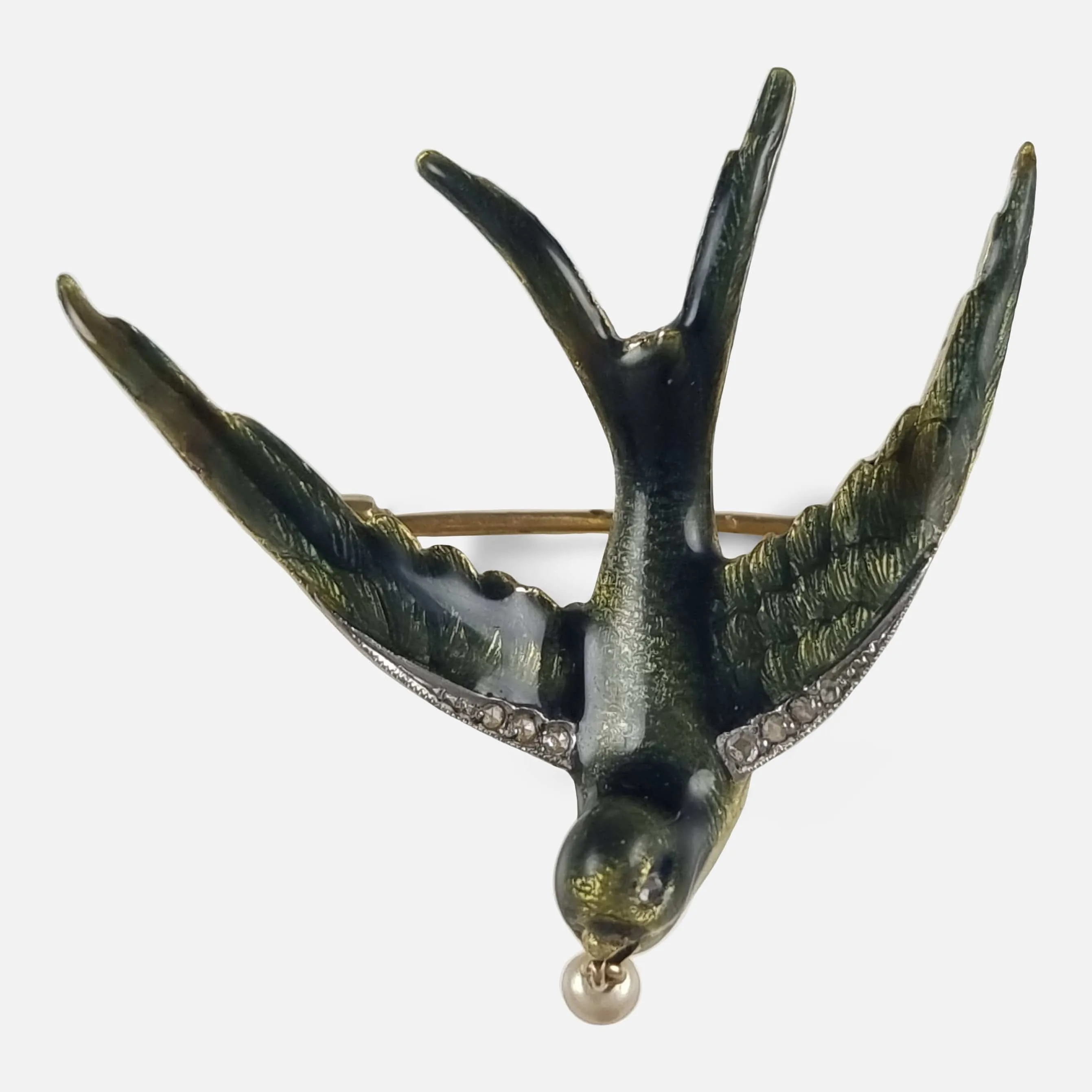 Early 20th Century Pearl and Diamond Swallow Brooch