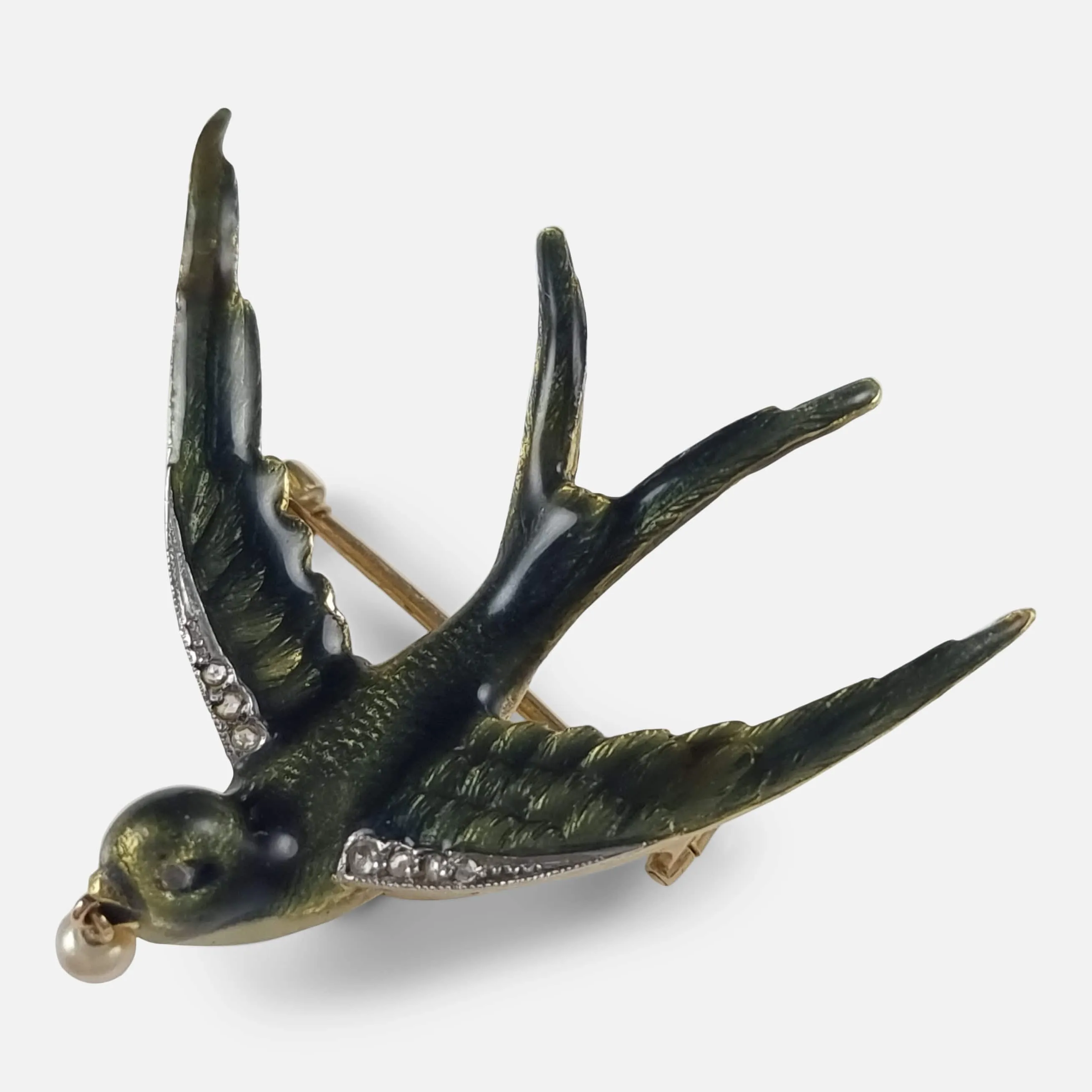 Early 20th Century Pearl and Diamond Swallow Brooch