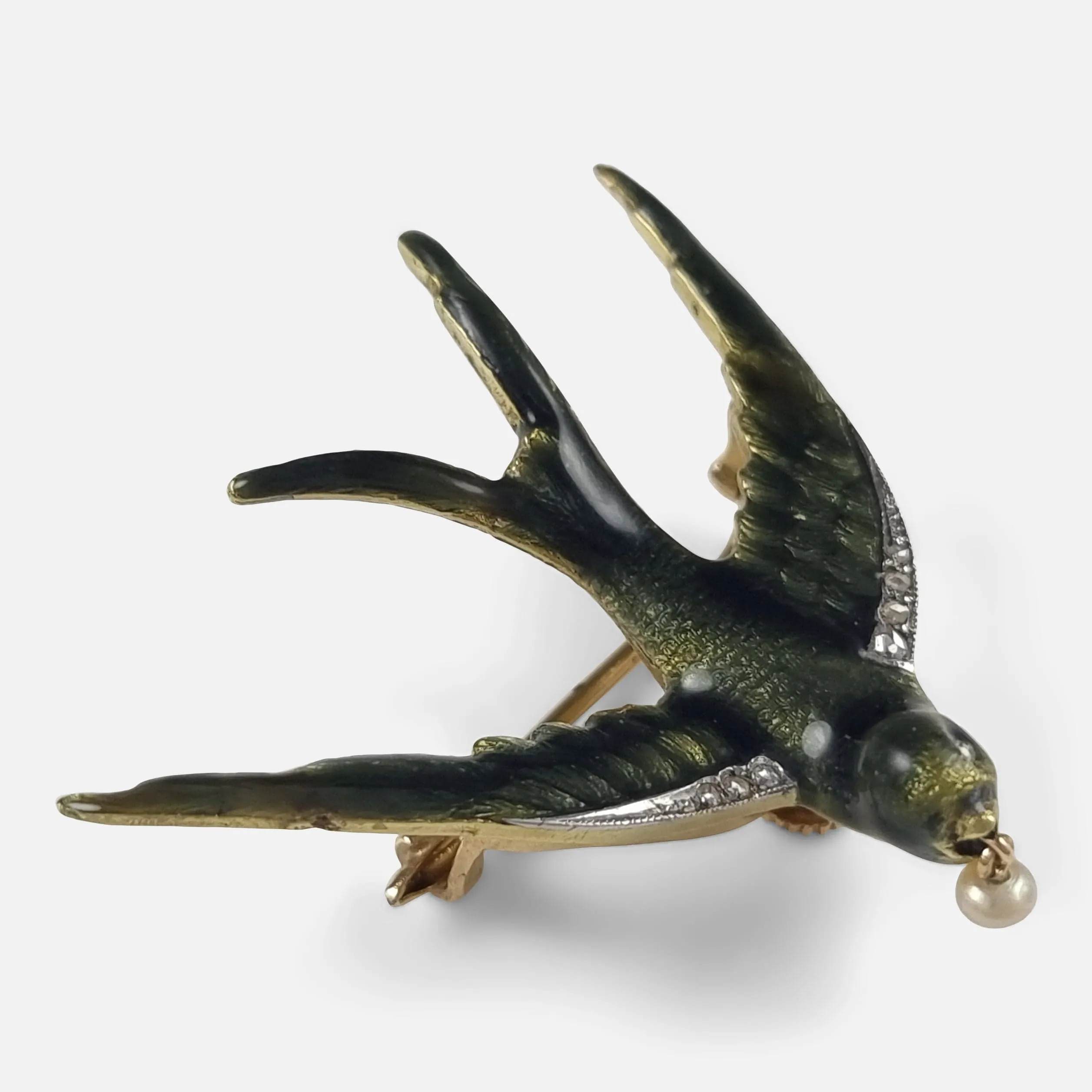 Early 20th Century Pearl and Diamond Swallow Brooch