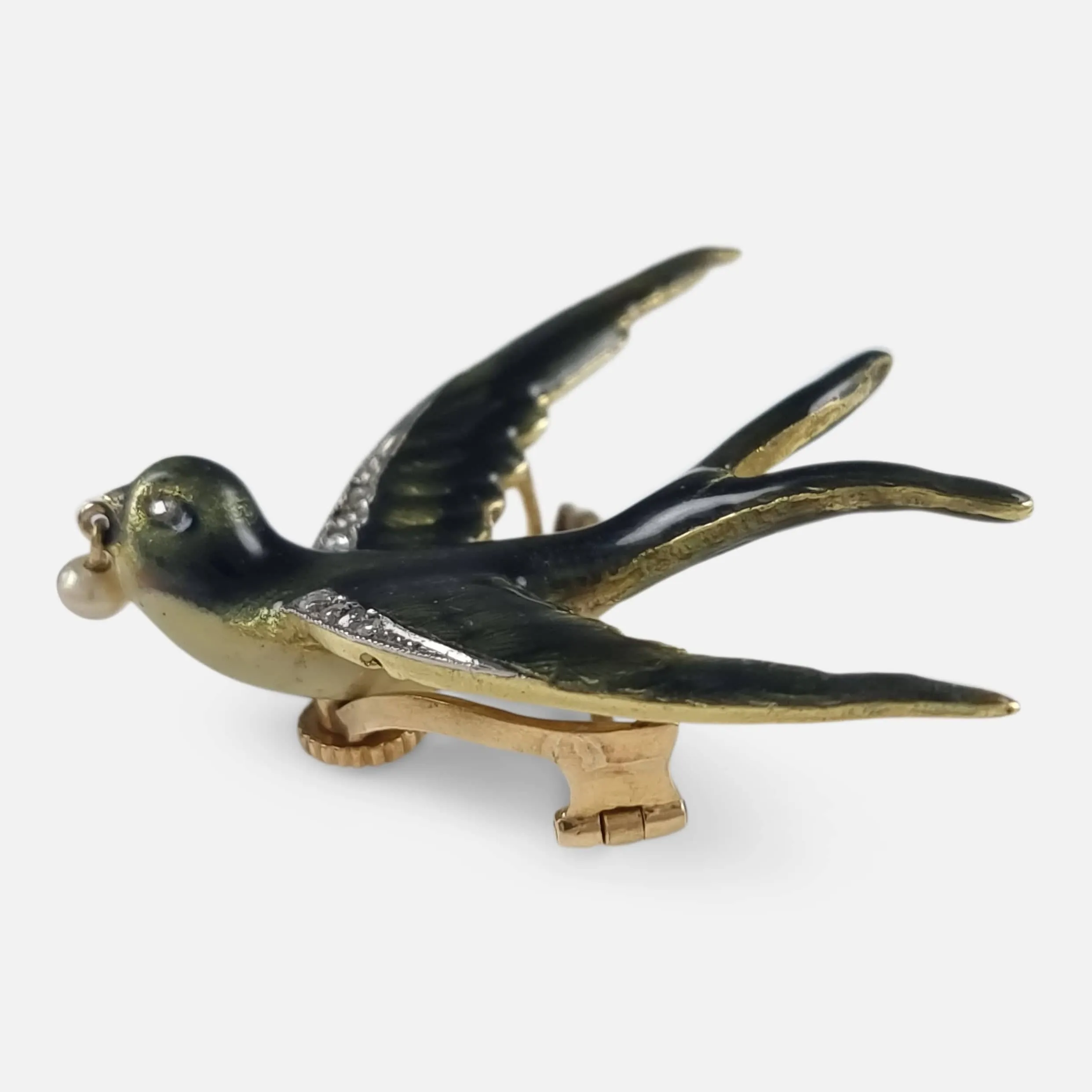 Early 20th Century Pearl and Diamond Swallow Brooch