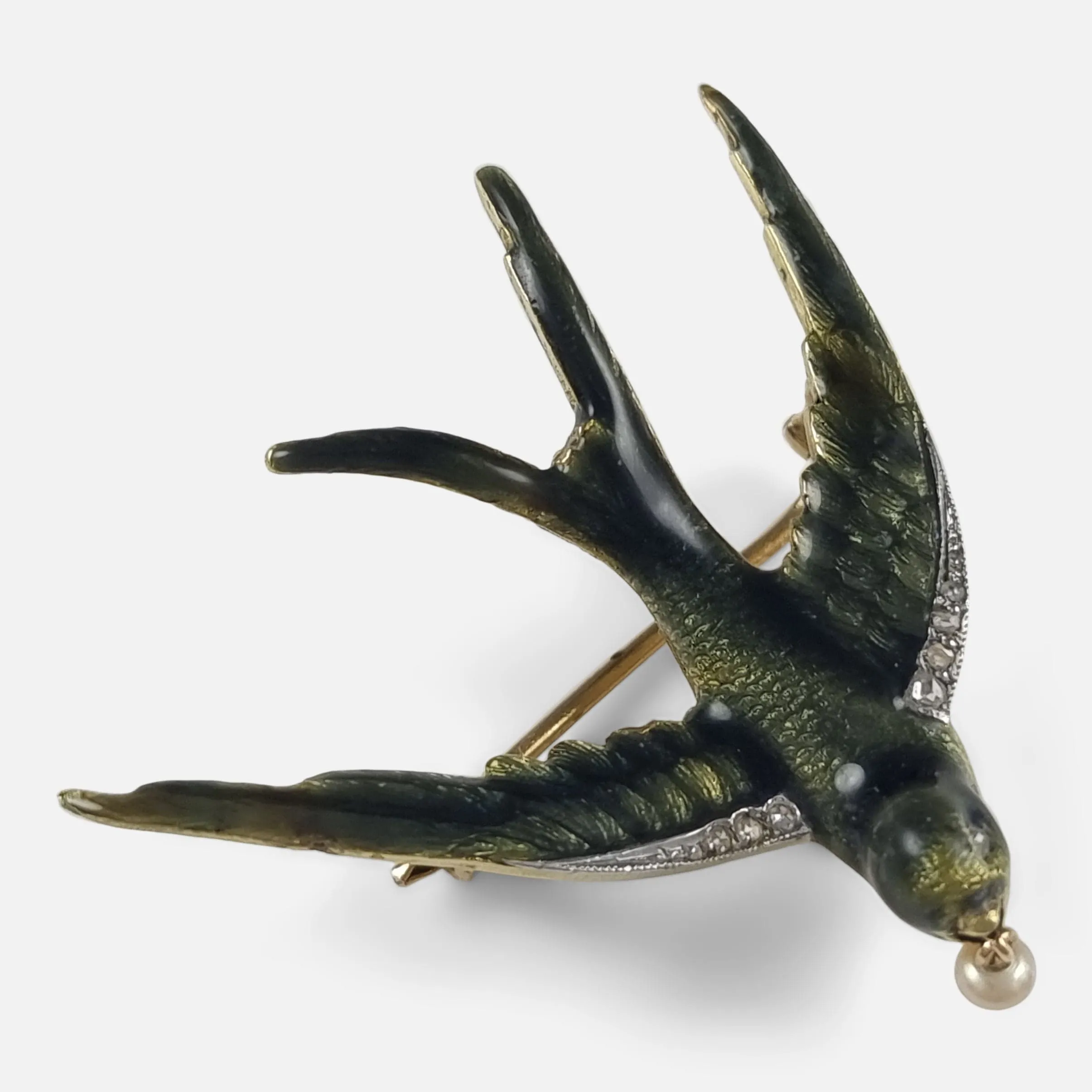 Early 20th Century Pearl and Diamond Swallow Brooch