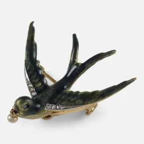 Early 20th Century Pearl and Diamond Swallow Brooch