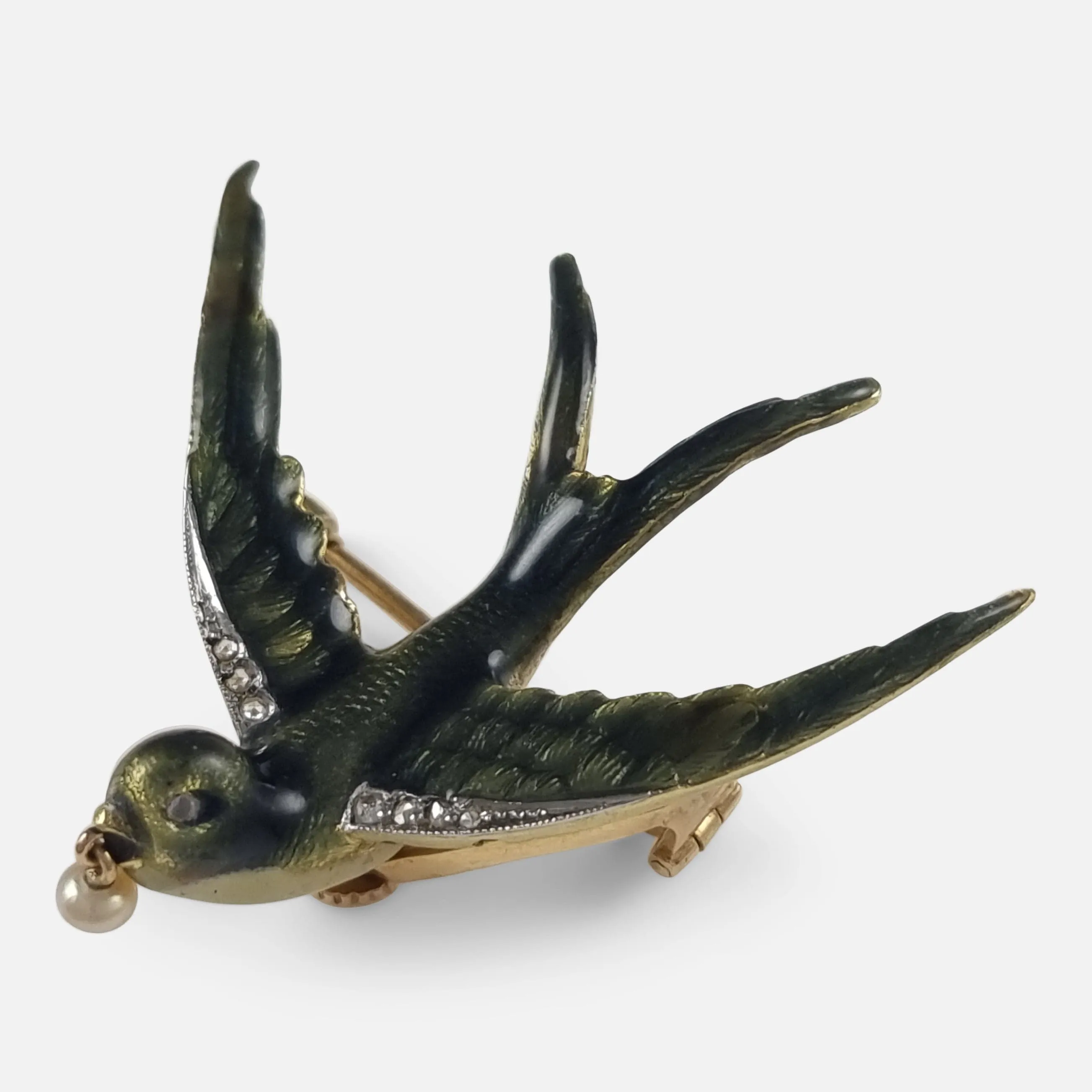 Early 20th Century Pearl and Diamond Swallow Brooch