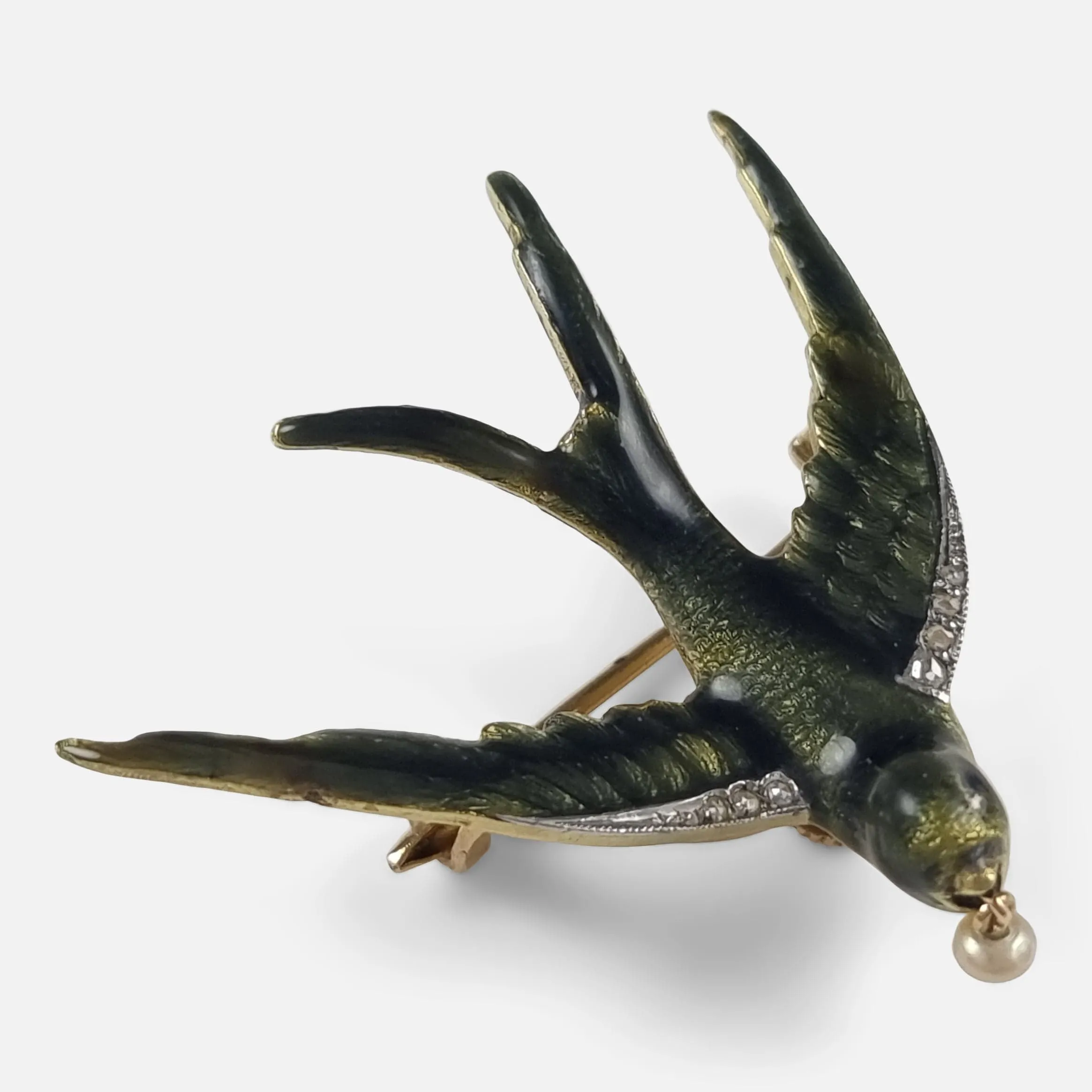 Early 20th Century Pearl and Diamond Swallow Brooch