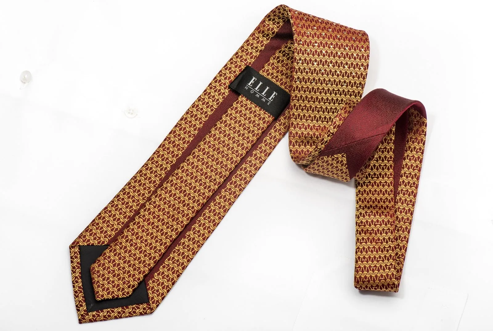 Elle Homme Men's Crystal Necktie Golden Chain Mail On Burgundy Silk With Rhinestones